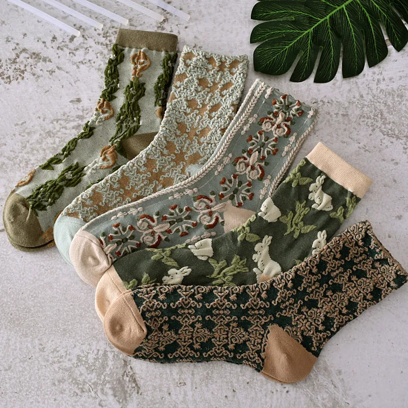 5 Pairs Womens Floral Cotton Socks