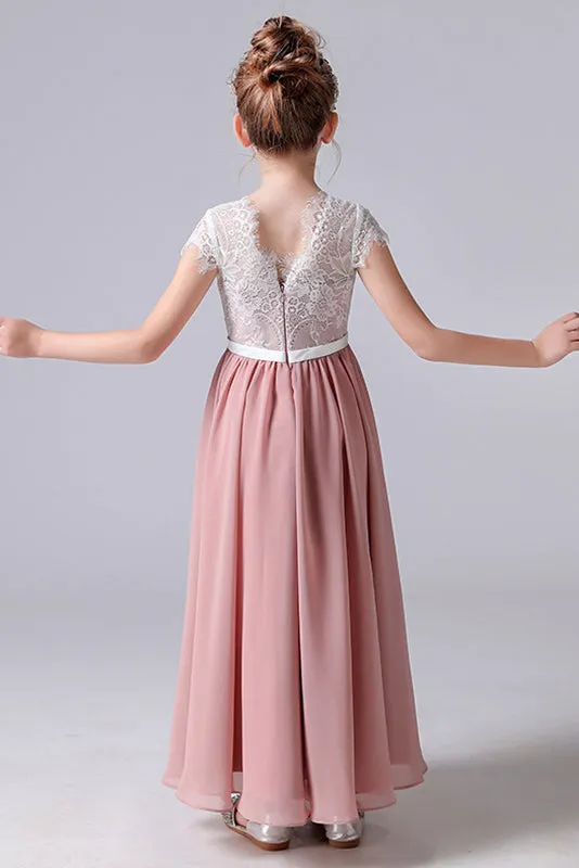 A-Line Cap Sleeves Chiffon Flower Girl Dress With Lace Appliques