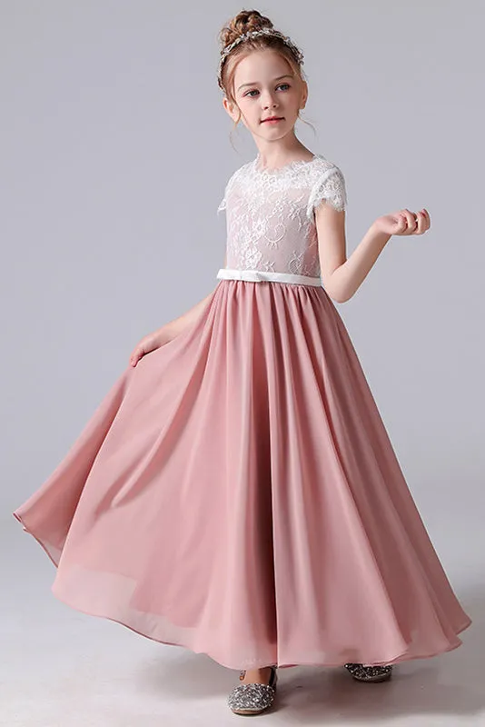 A-Line Cap Sleeves Chiffon Flower Girl Dress With Lace Appliques