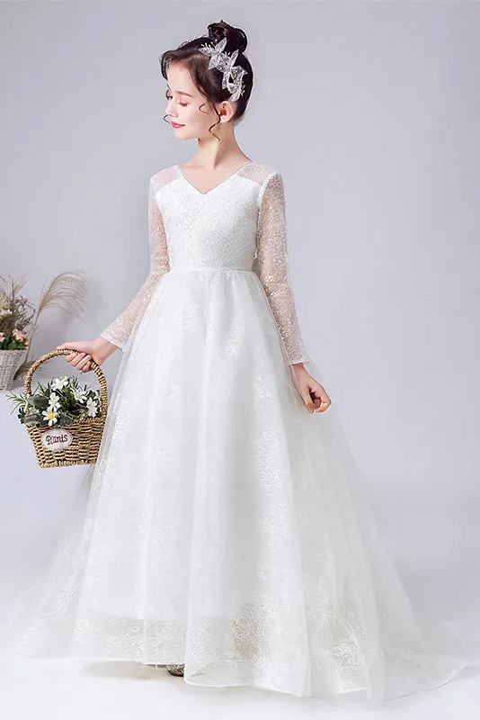 A-Line Elegant Long Sleeves Lace Flower Girl Dress With Bowknot