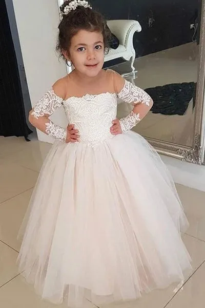 A Line Round Neck Long Sleeves Tulle Flower Girl Dress OF139