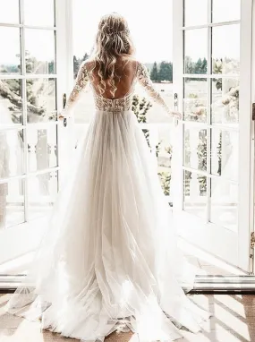 A-Line Sheer Bateau Backless Wedding Dress With Appliques Long Sleeves OW529