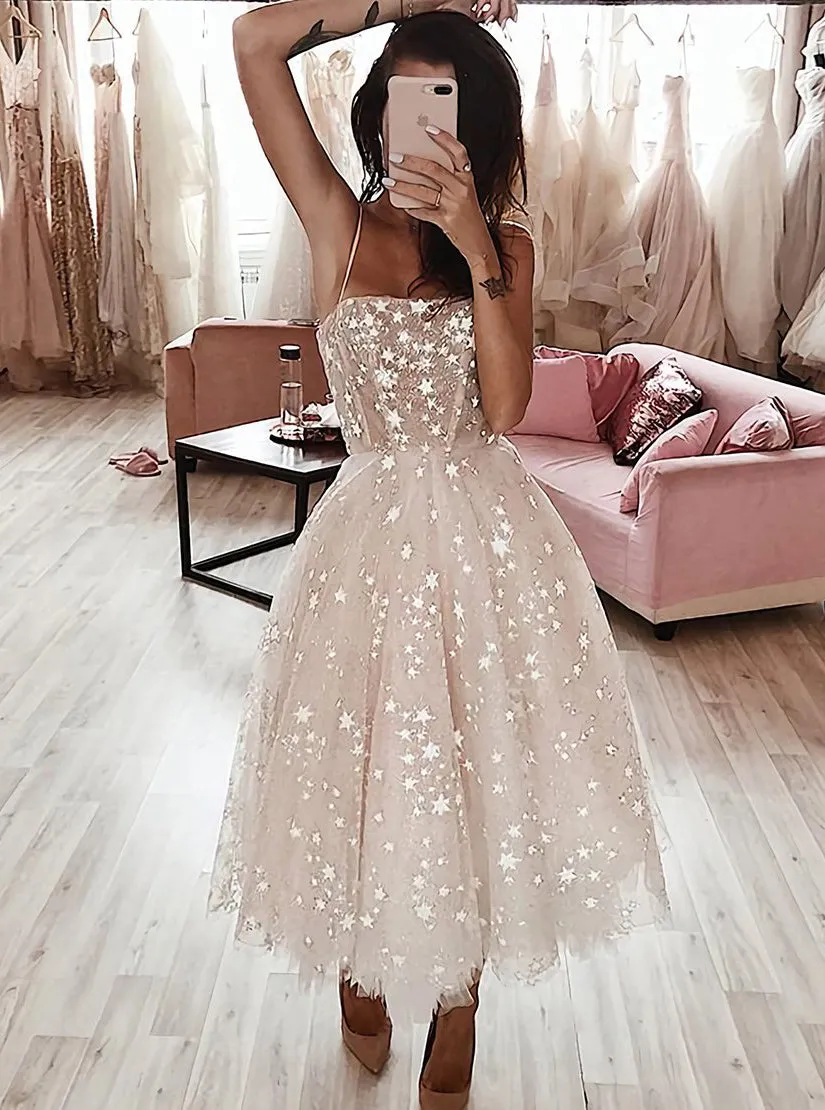 A Line Spaghetti Strap Tea Length Pearl Pink Tulle Prom Homecoming Dress PD1124