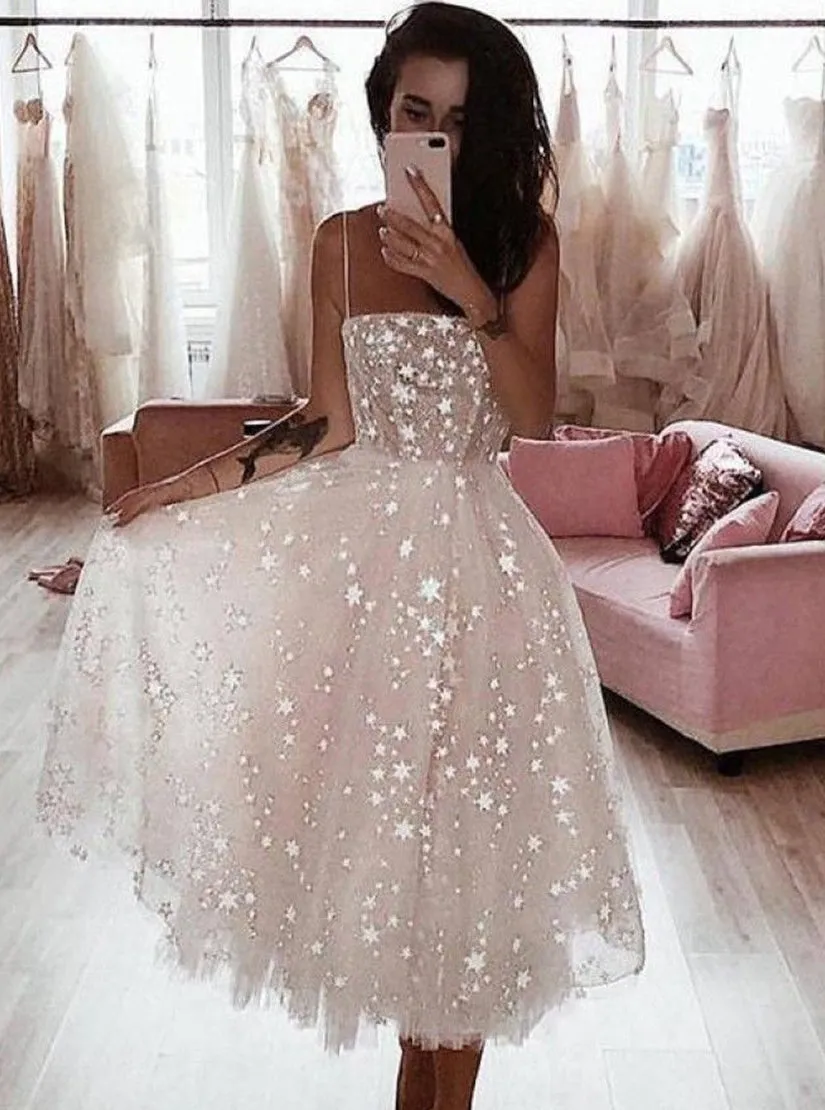 A Line Spaghetti Strap Tea Length Pearl Pink Tulle Prom Homecoming Dress PD1124