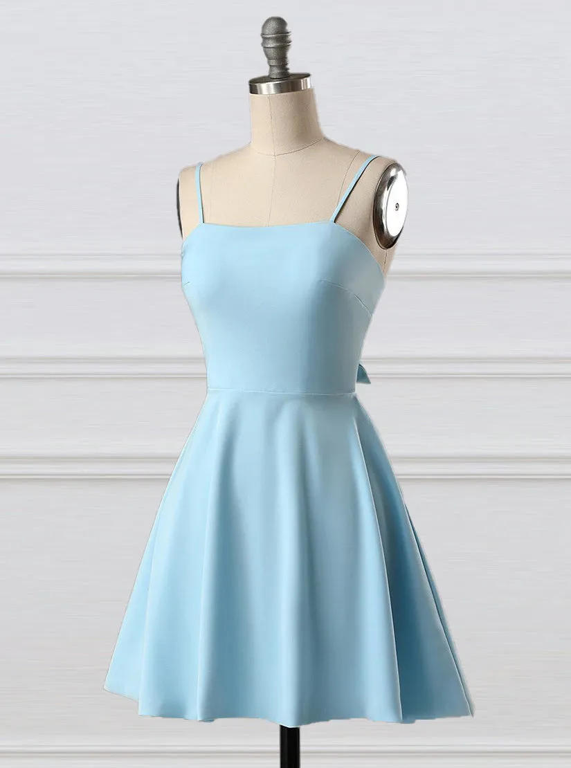 A-Line Spaghetti Straps Short Blue Satin Homecoming Dress PD1119