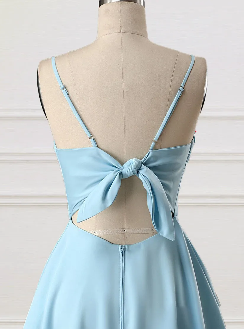 A-Line Spaghetti Straps Short Blue Satin Homecoming Dress PD1119