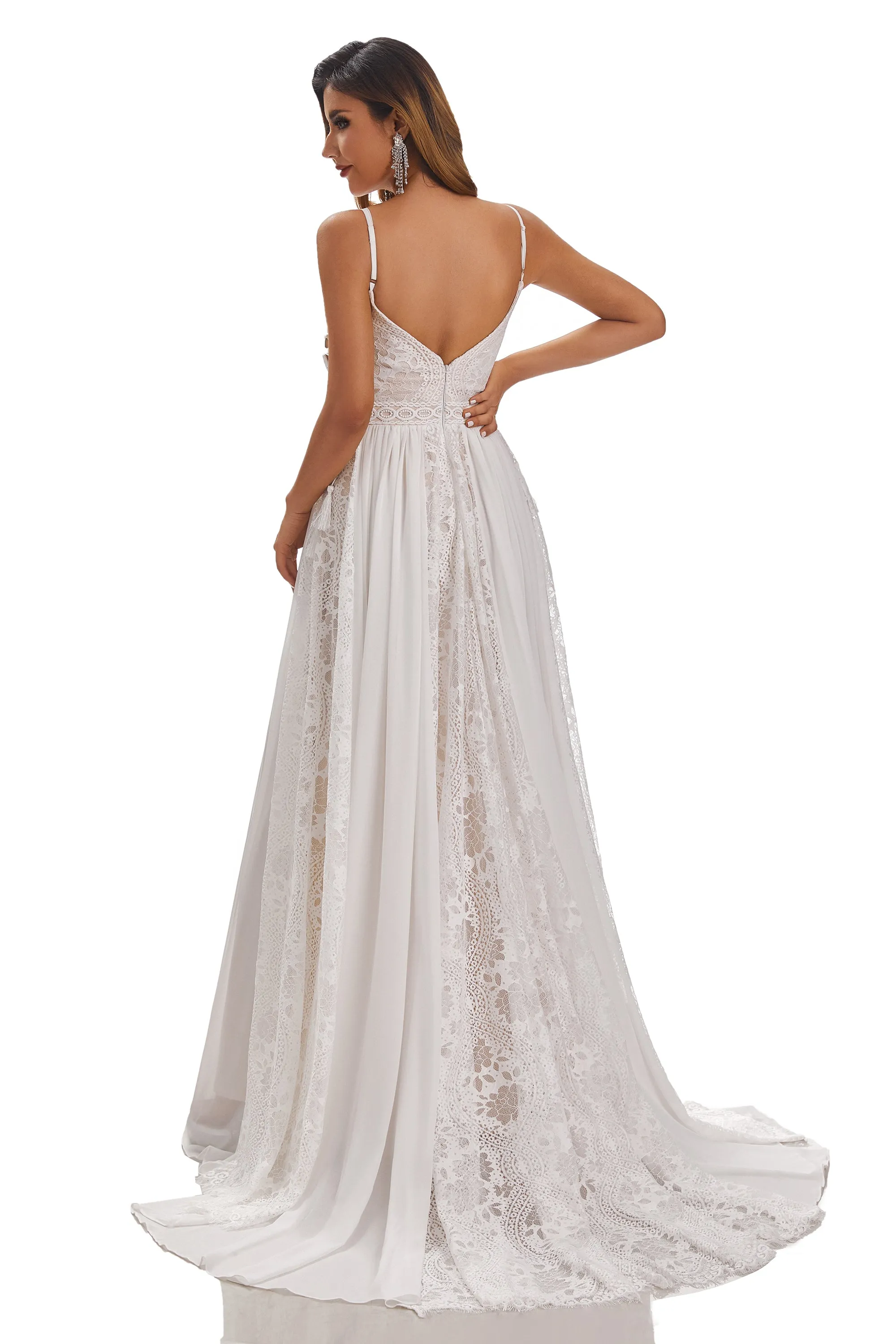 A-Line Spaghetti-Straps Sleeveless Chiffon Wedding Dress With Lace Appliques