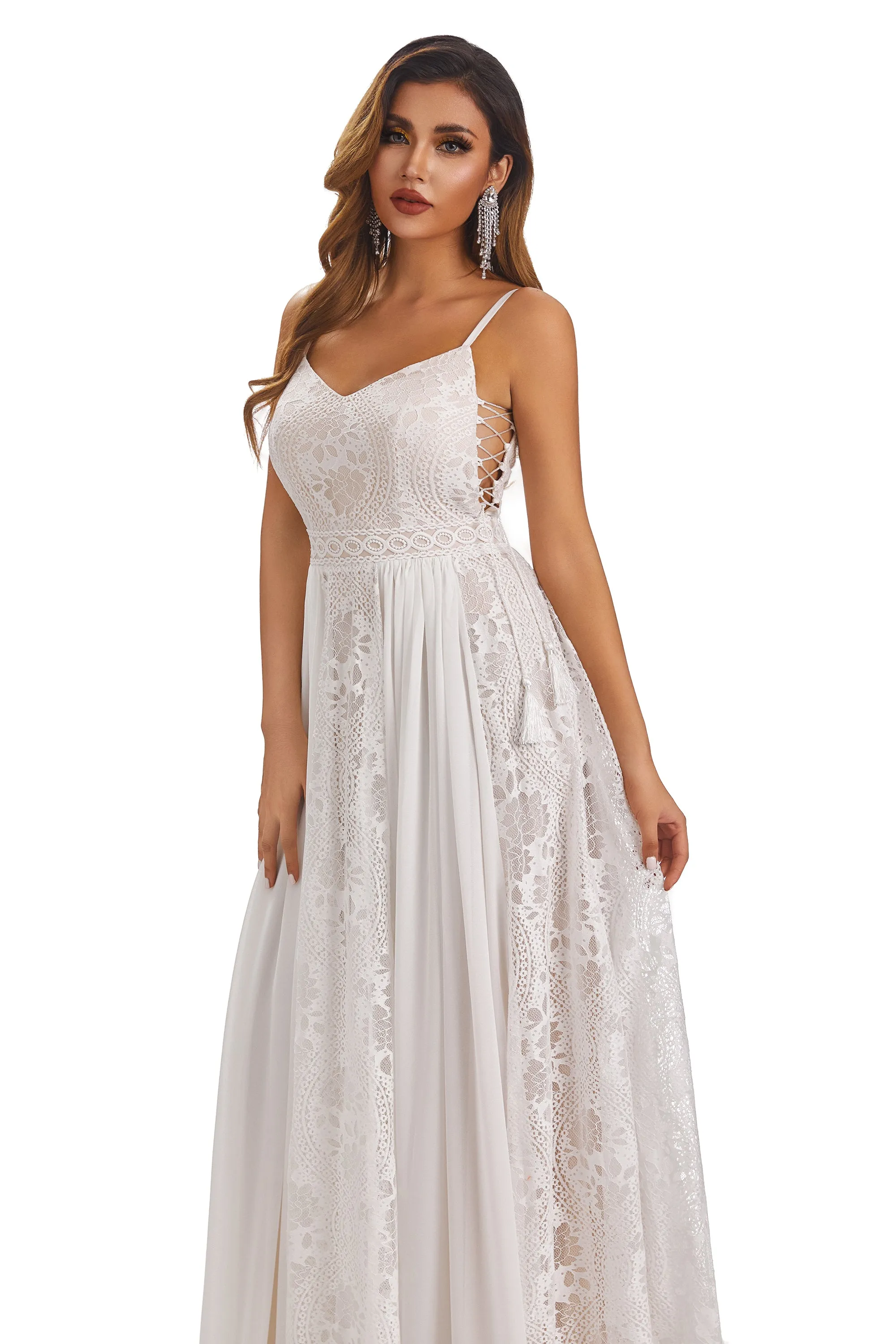 A-Line Spaghetti-Straps Sleeveless Chiffon Wedding Dress With Lace Appliques