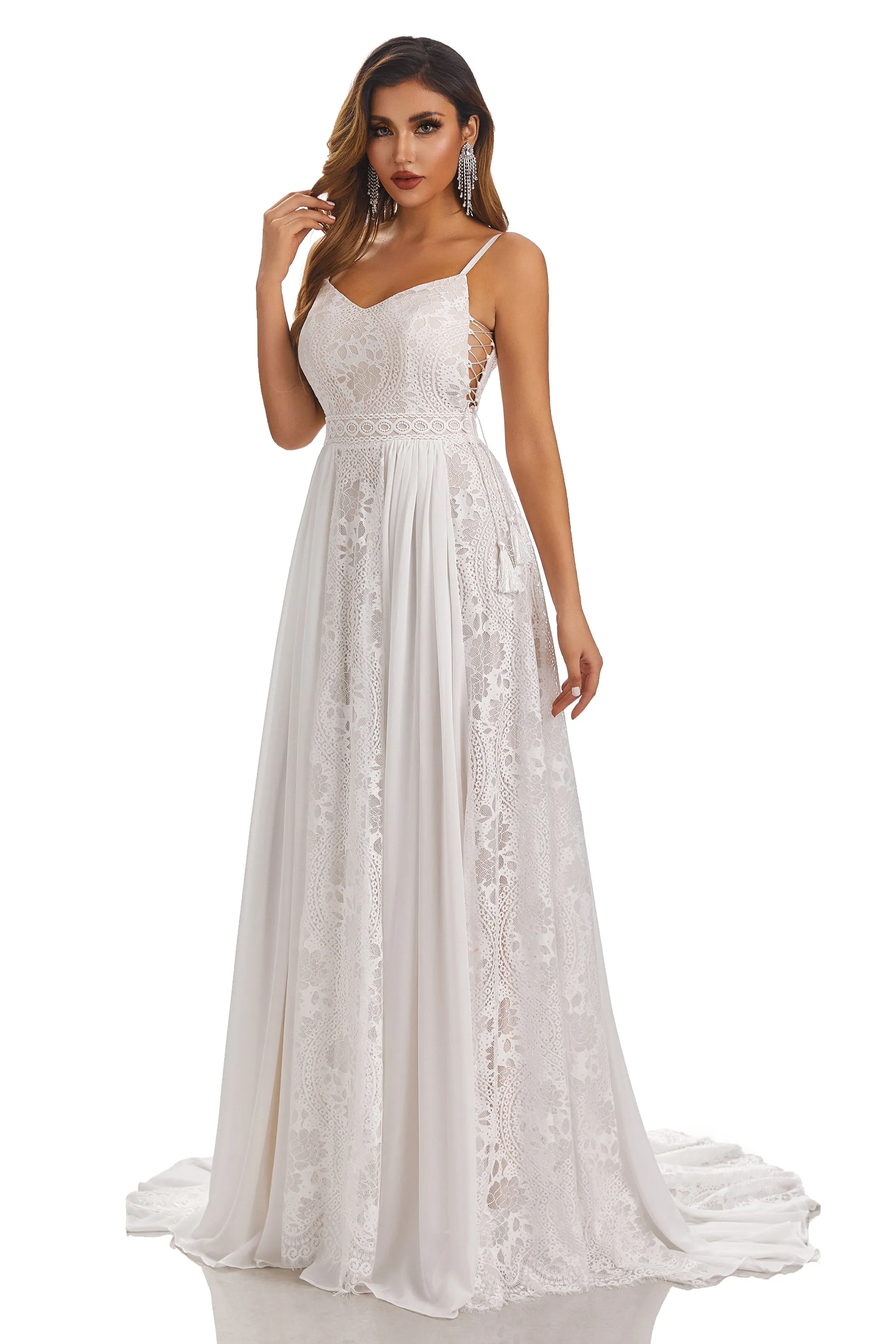 A-Line Spaghetti-Straps Sleeveless Chiffon Wedding Dress With Lace Appliques