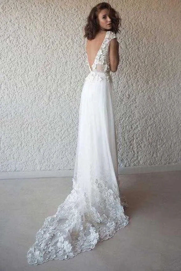 A-line V-neck Cap Sleeves Chiffon Beach Wedding Dress With Appliques OW548