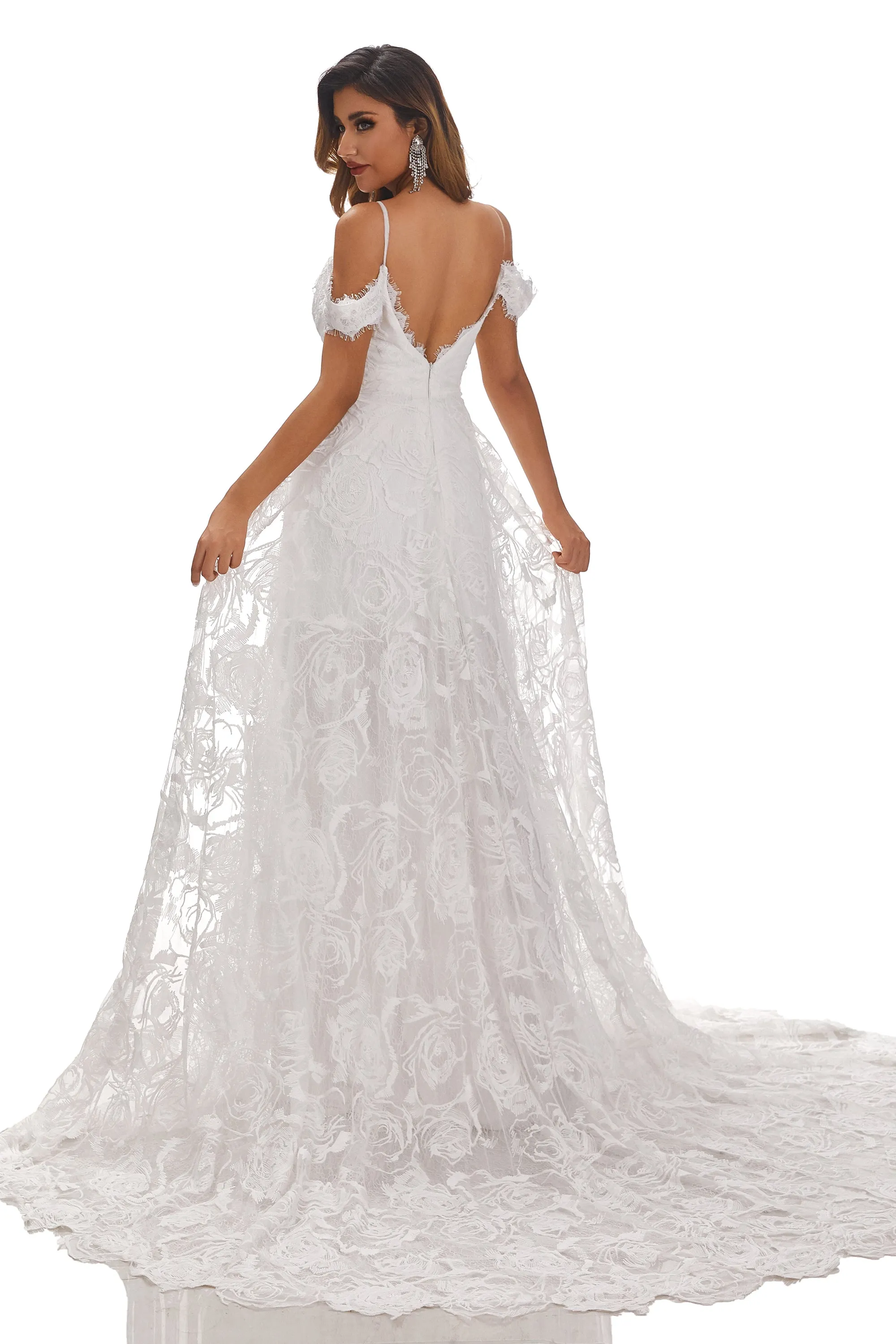 A-Line V-Neck Off-The-Shoulder Wedding Dress With Lace Appliques