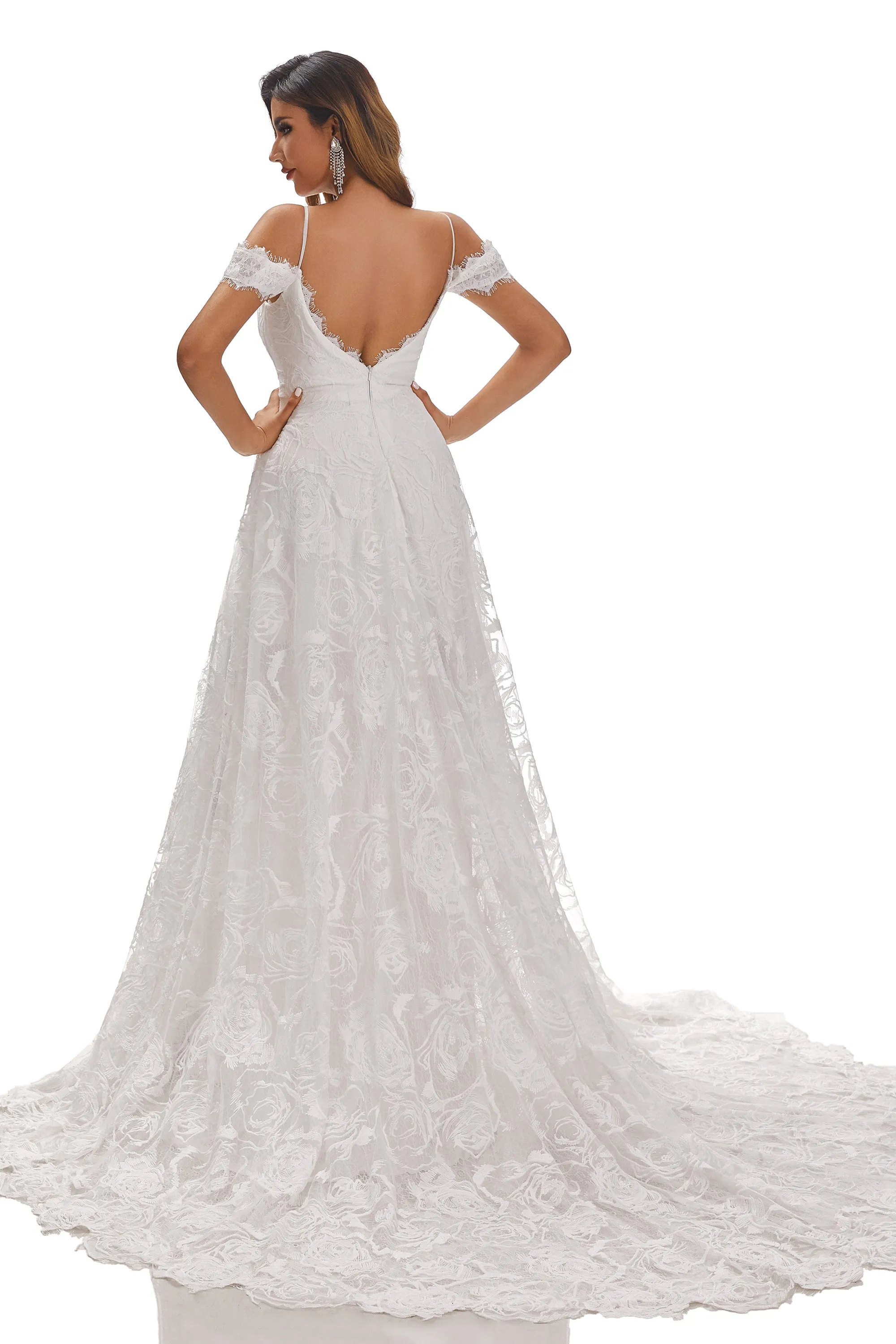 A-Line V-Neck Off-The-Shoulder Wedding Dress With Lace Appliques