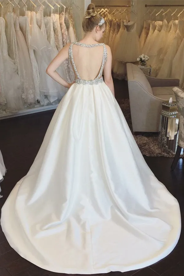 A-Line V-Neck Open Back Beading Satin Wedding Dress With Pockets OW479