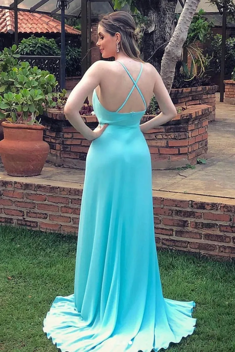 A-line V-neck Straps Mint Long Prom Dress with Criss-cross Back OP1007