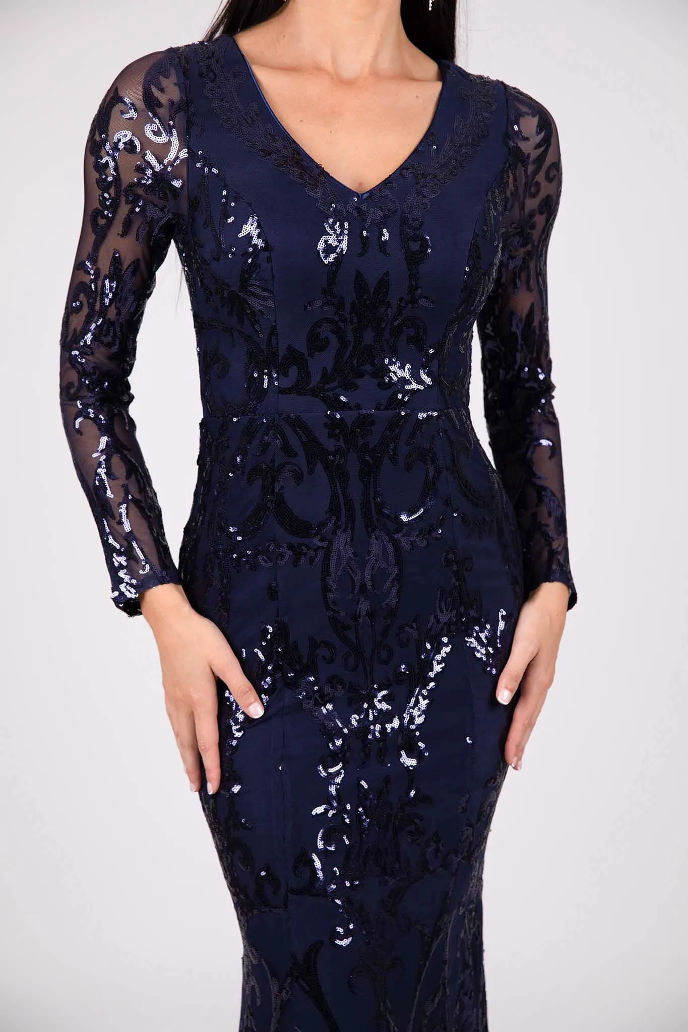 Amelia Long-Sleeve Pattern Sequin Gown - Navy