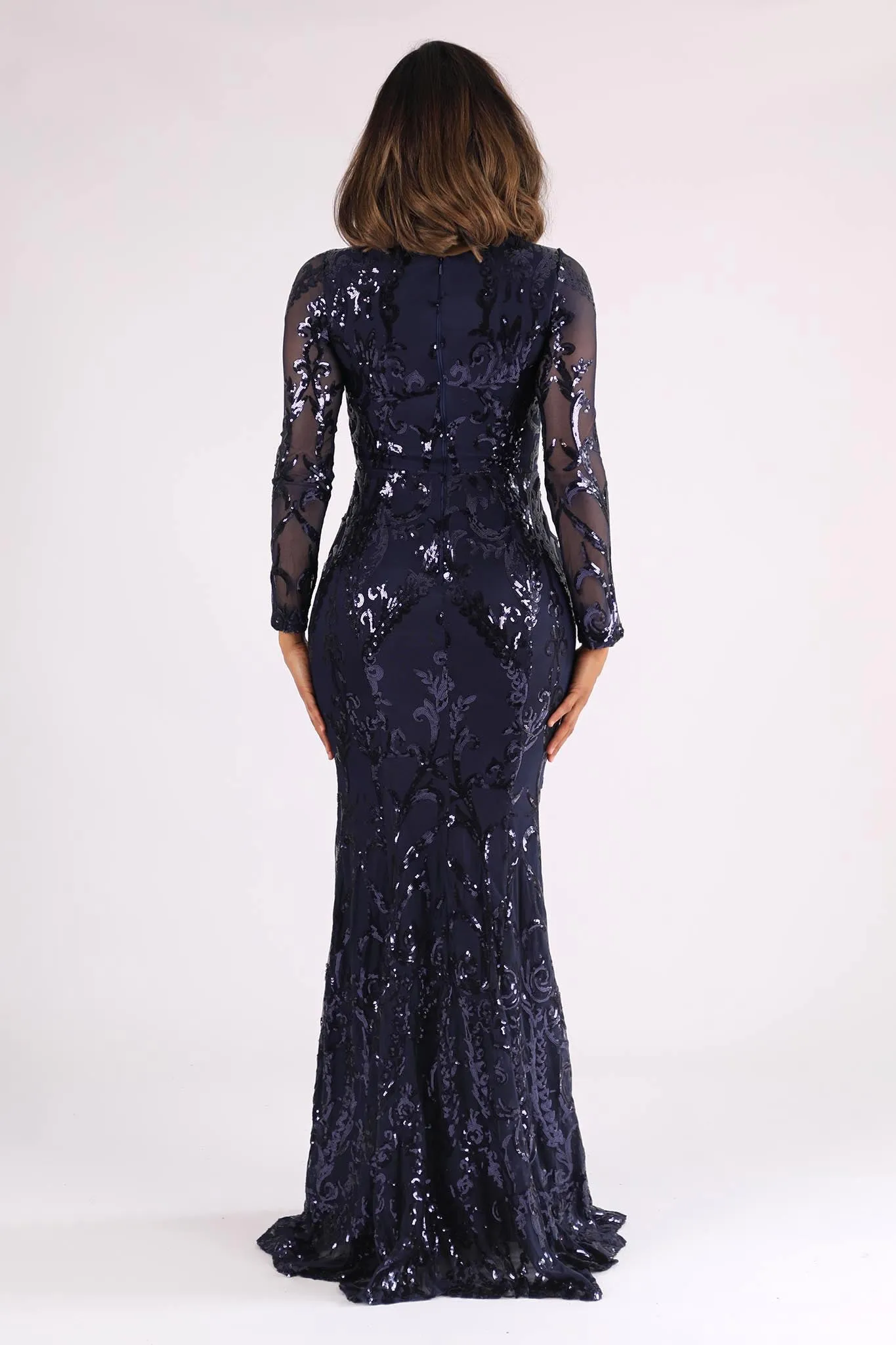 Amelia Long-Sleeve Pattern Sequin Gown - Navy