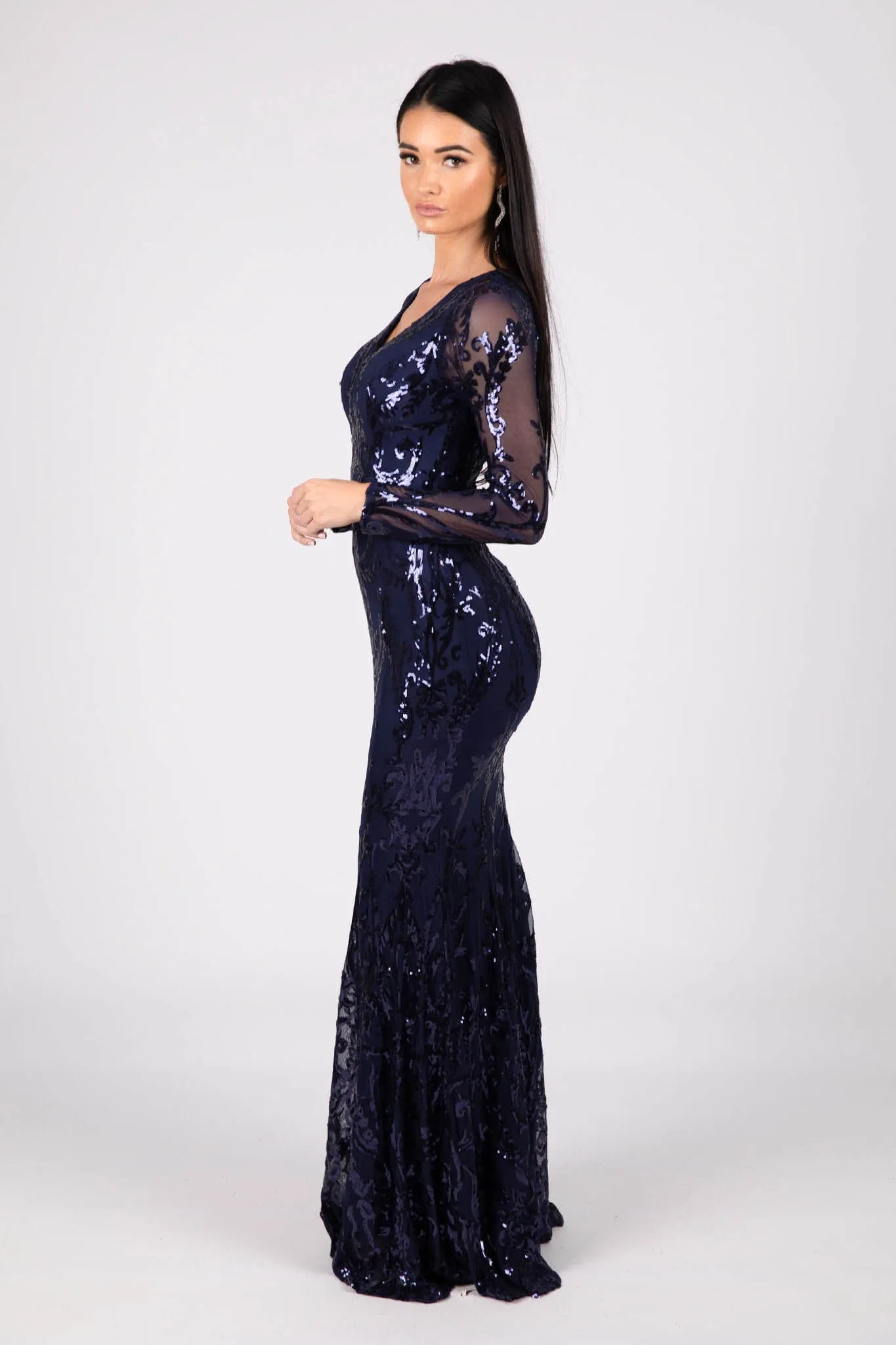 Amelia Long-Sleeve Pattern Sequin Gown - Navy