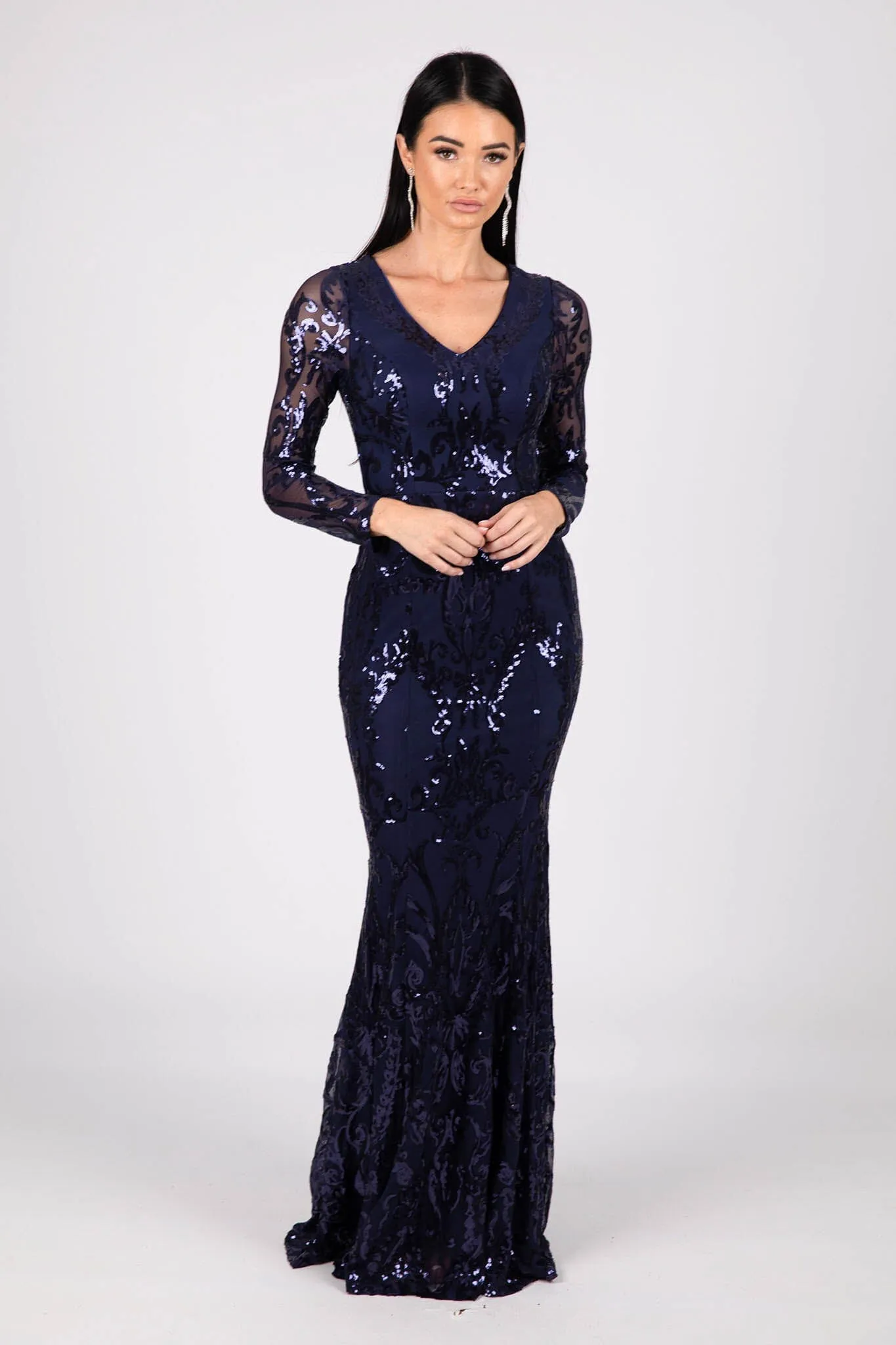 Amelia Long-Sleeve Pattern Sequin Gown - Navy