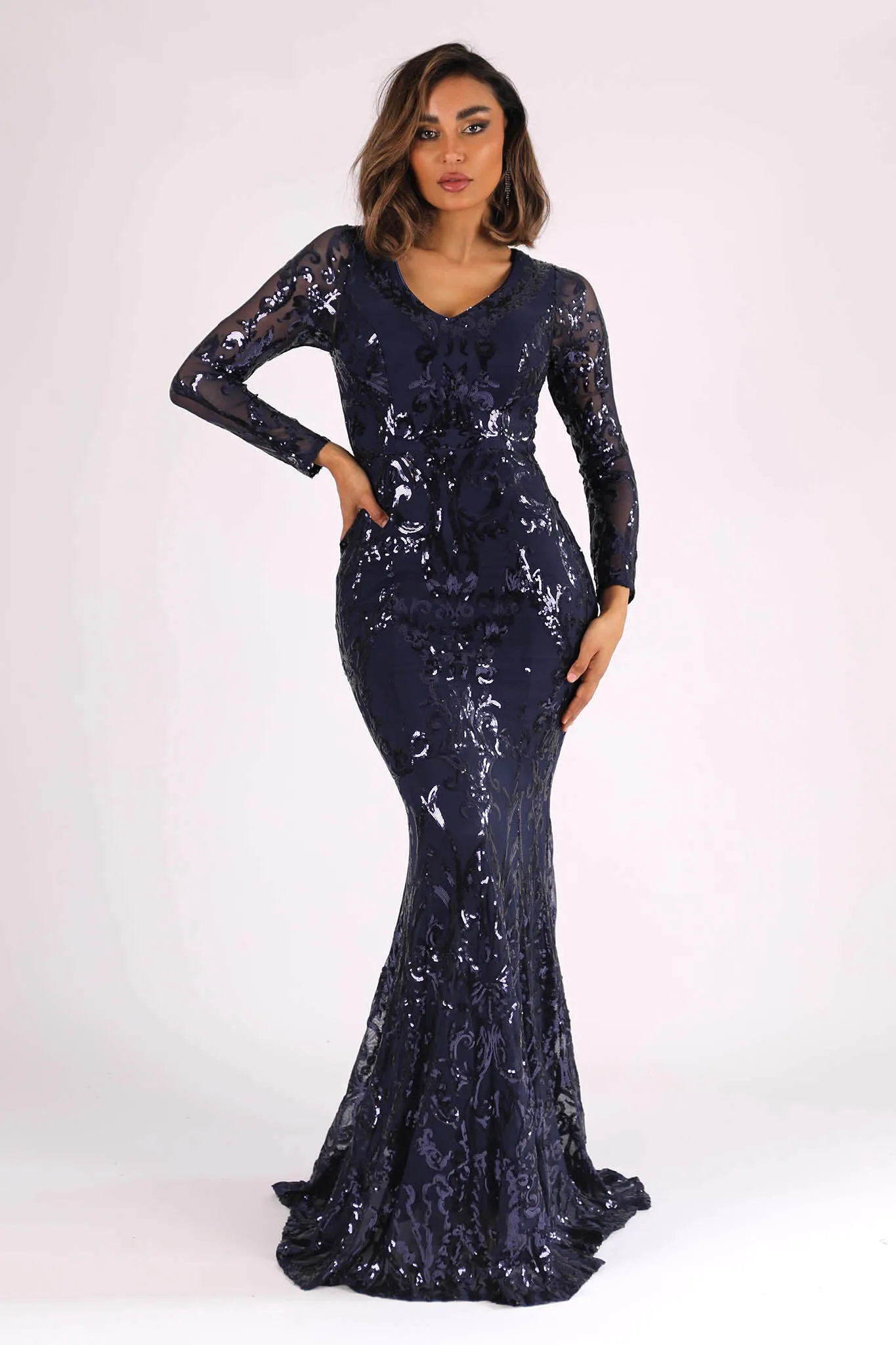 Amelia Long-Sleeve Pattern Sequin Gown - Navy