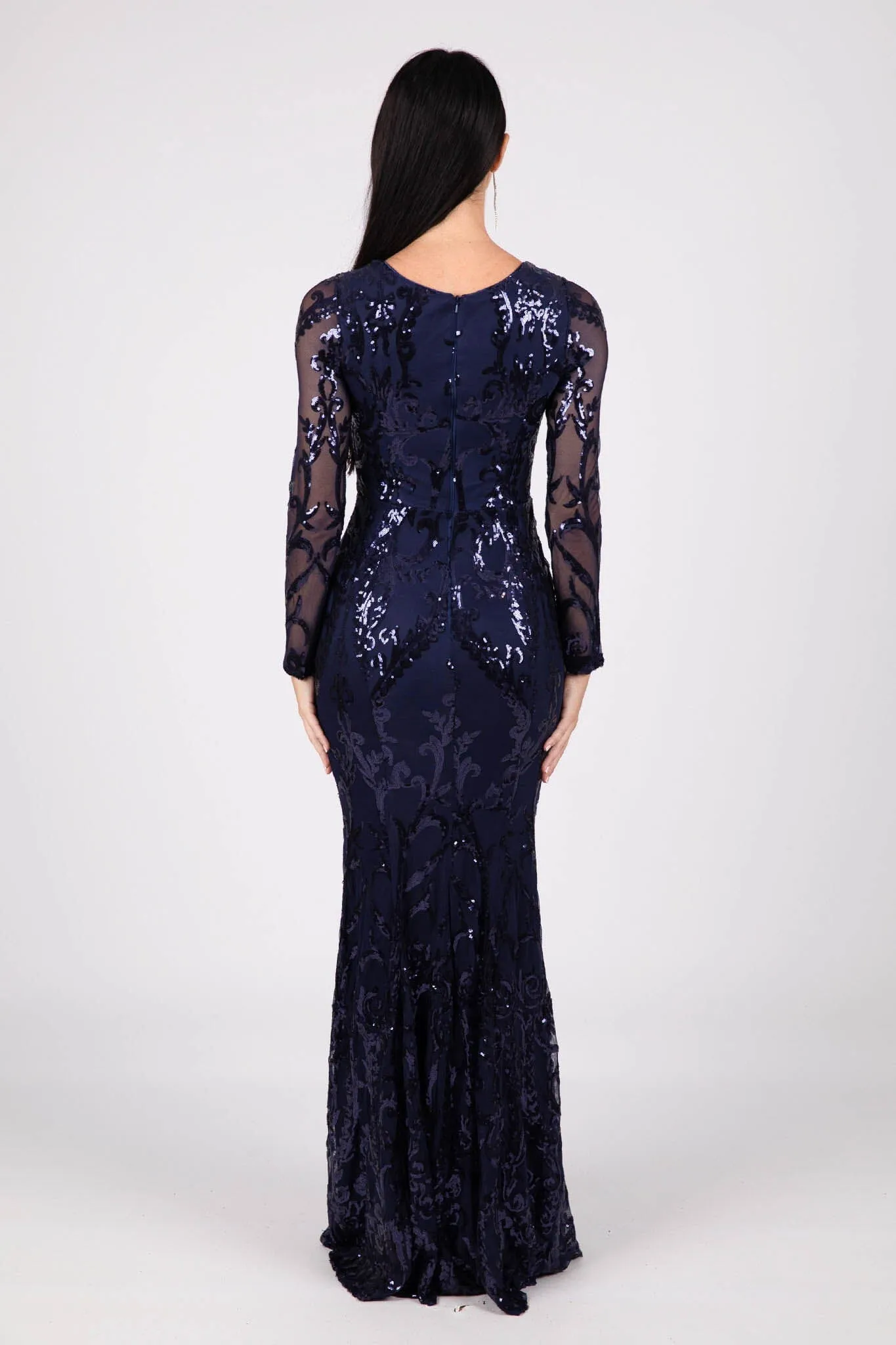 Amelia Long-Sleeve Pattern Sequin Gown - Navy