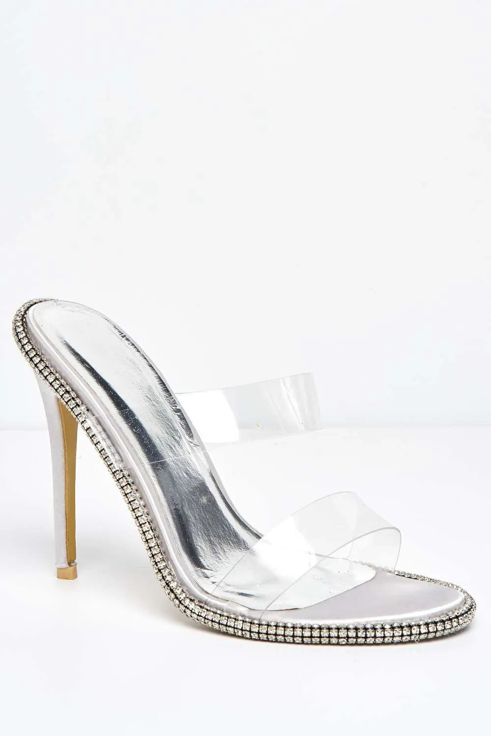 Anneli Diamante Embellished Edges Perspex Heeled Mules in Silver