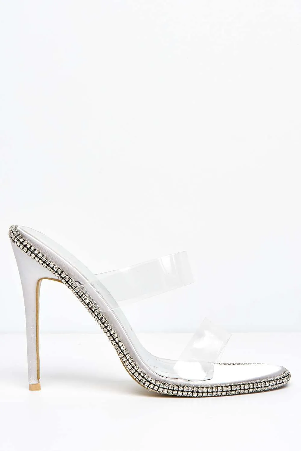 Anneli Diamante Embellished Edges Perspex Heeled Mules in Silver