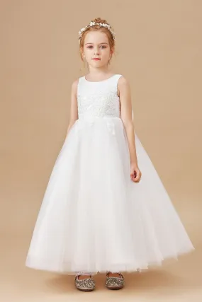 Applique Cute Sleeveless Tulle Flower Girl Dresses With Bownot