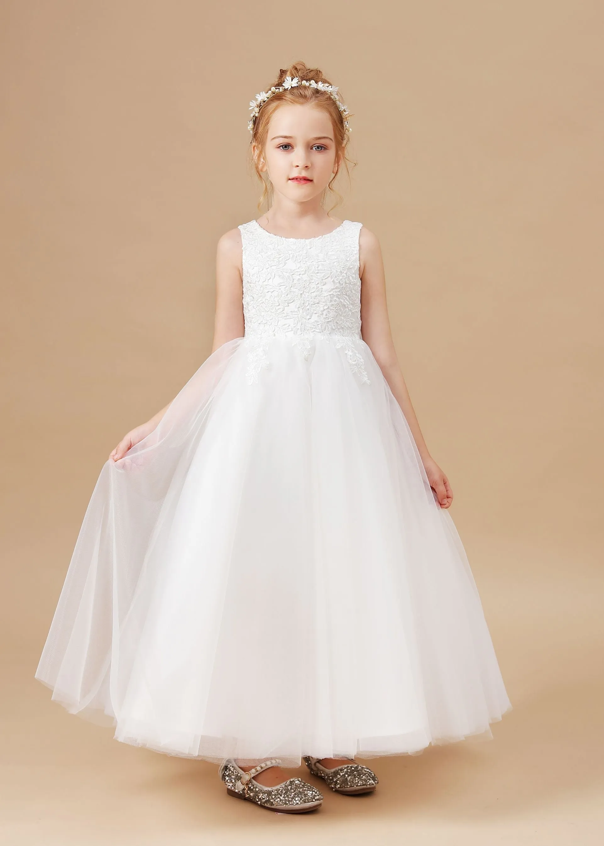 Applique Cute Sleeveless Tulle Flower Girl Dresses With Bownot