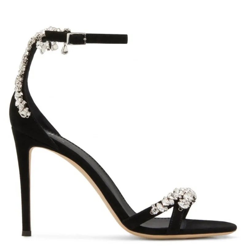 Asymmetric Crystal Embellished Suede Round Toe Stiletto Sandals - Black