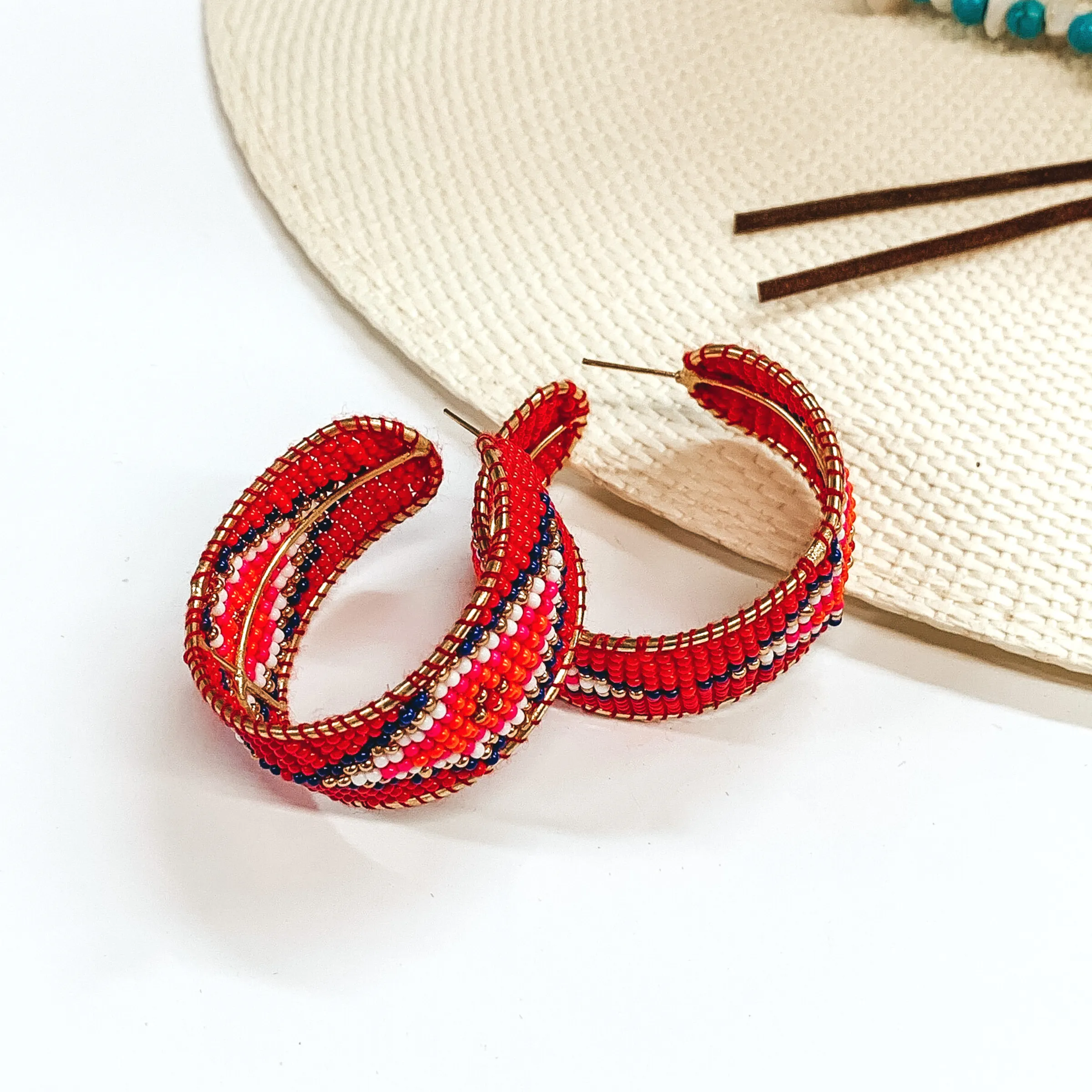 Aztec Pattern Beaded Hoop Earrings in Red