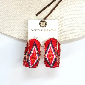 Aztec Pattern Beaded Hoop Earrings in Red