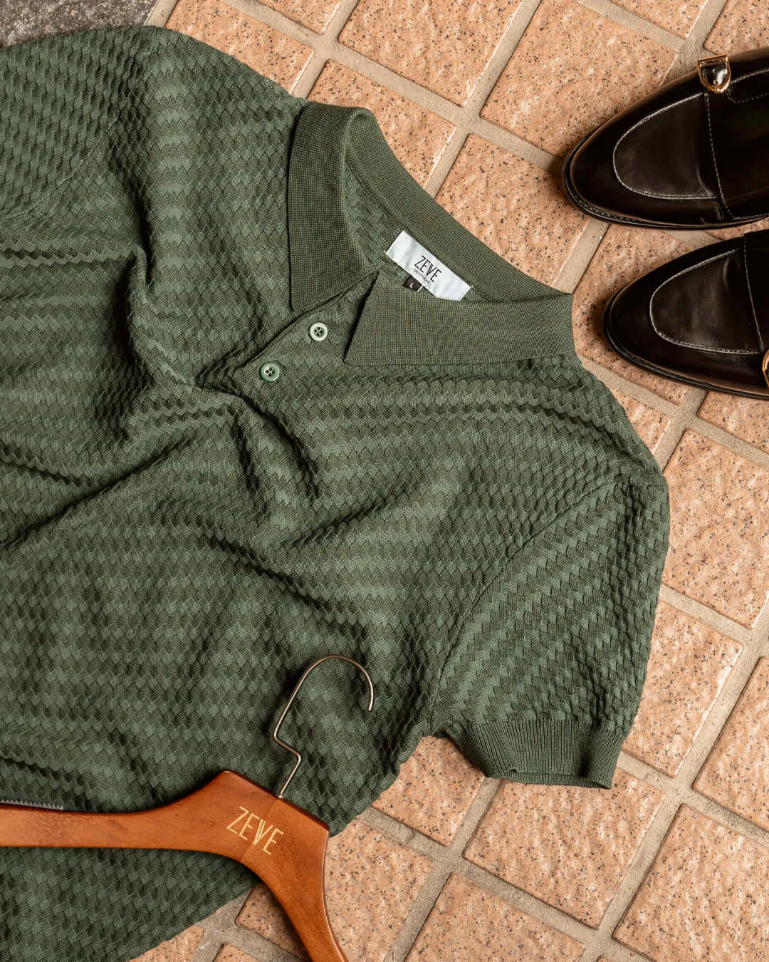 Basketweave Knit Polo Tee - Forest Green