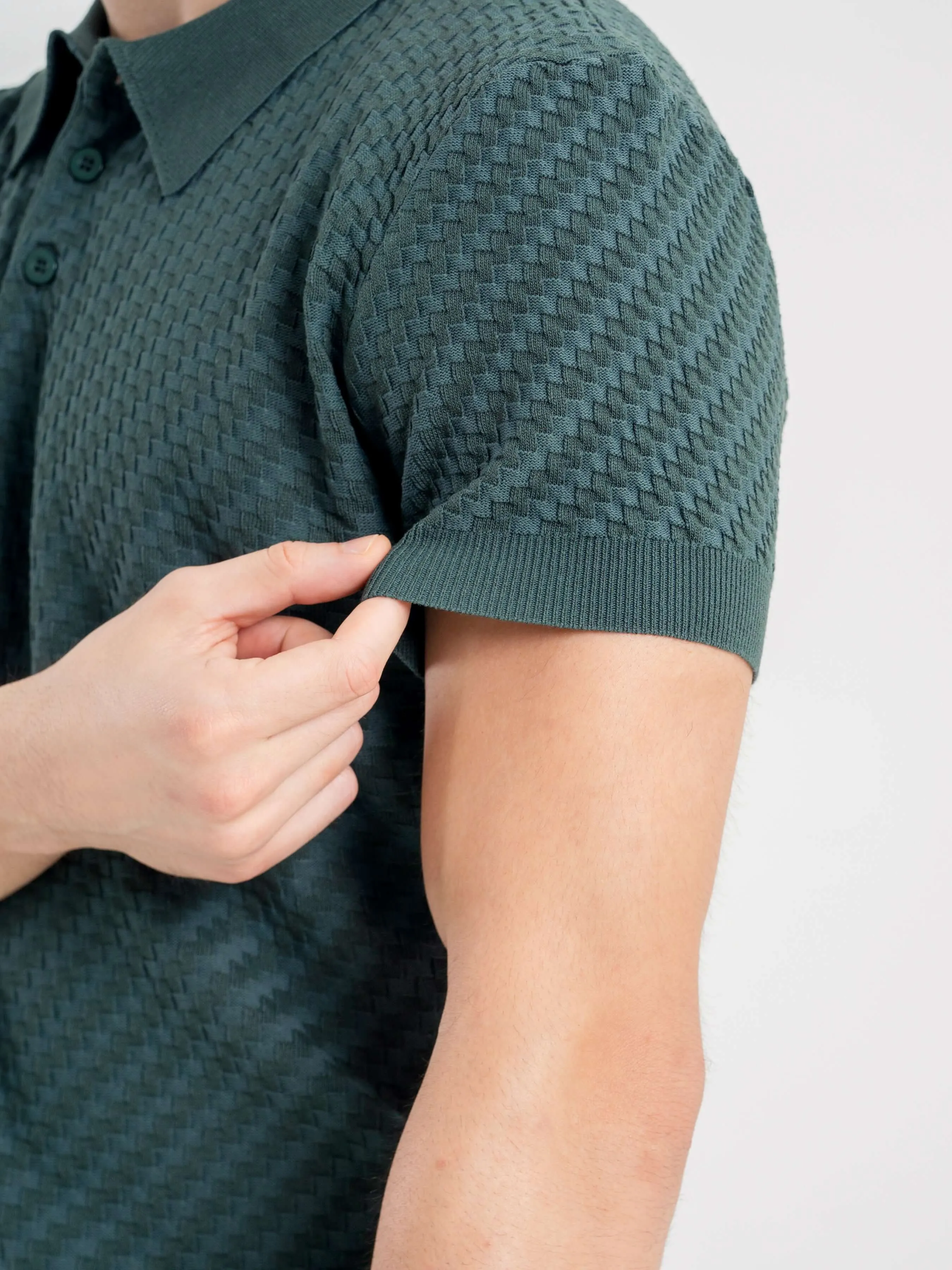 Basketweave Knit Polo Tee - Forest Green