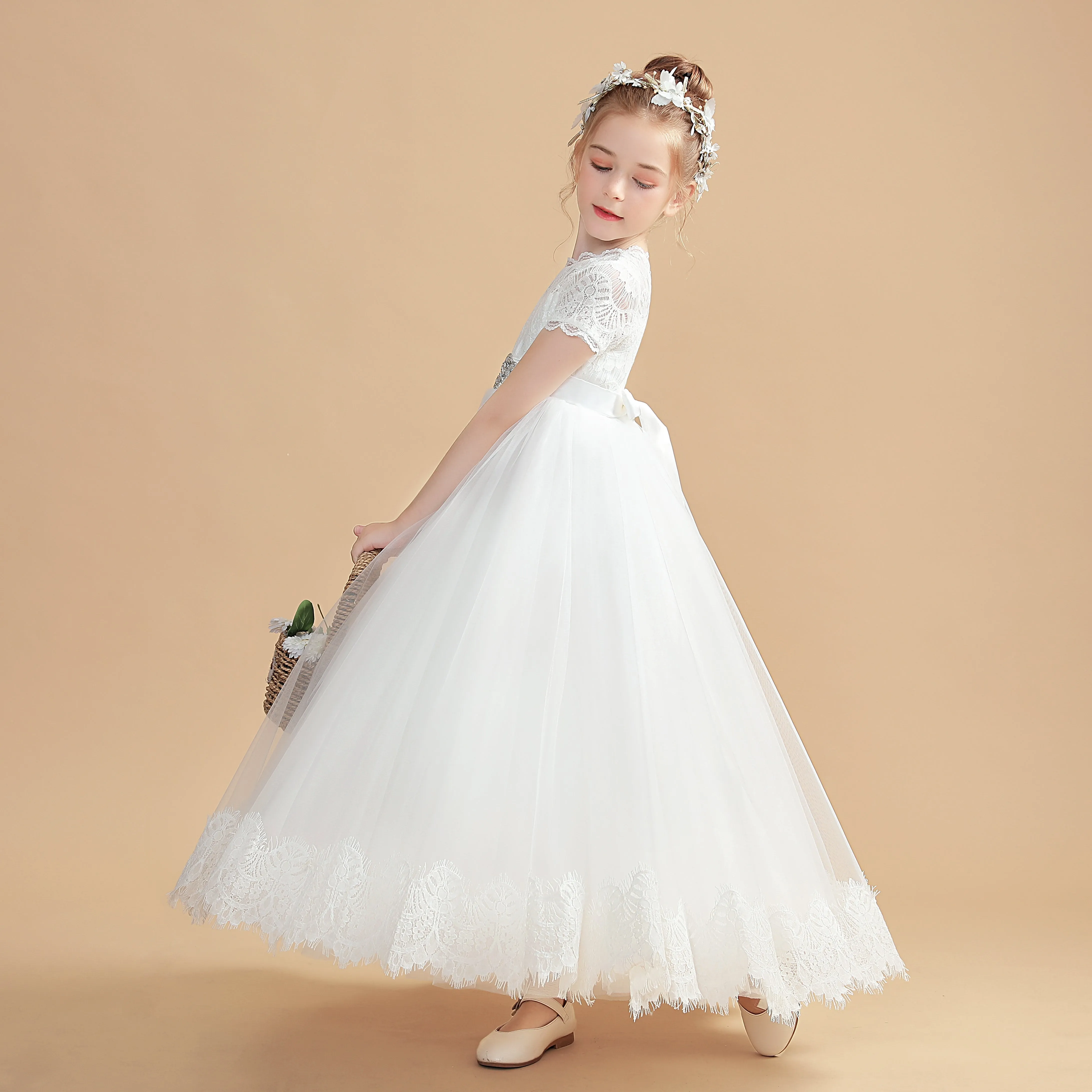 Beading Tulle Short Sleeves Ivory Flower Girl Dress