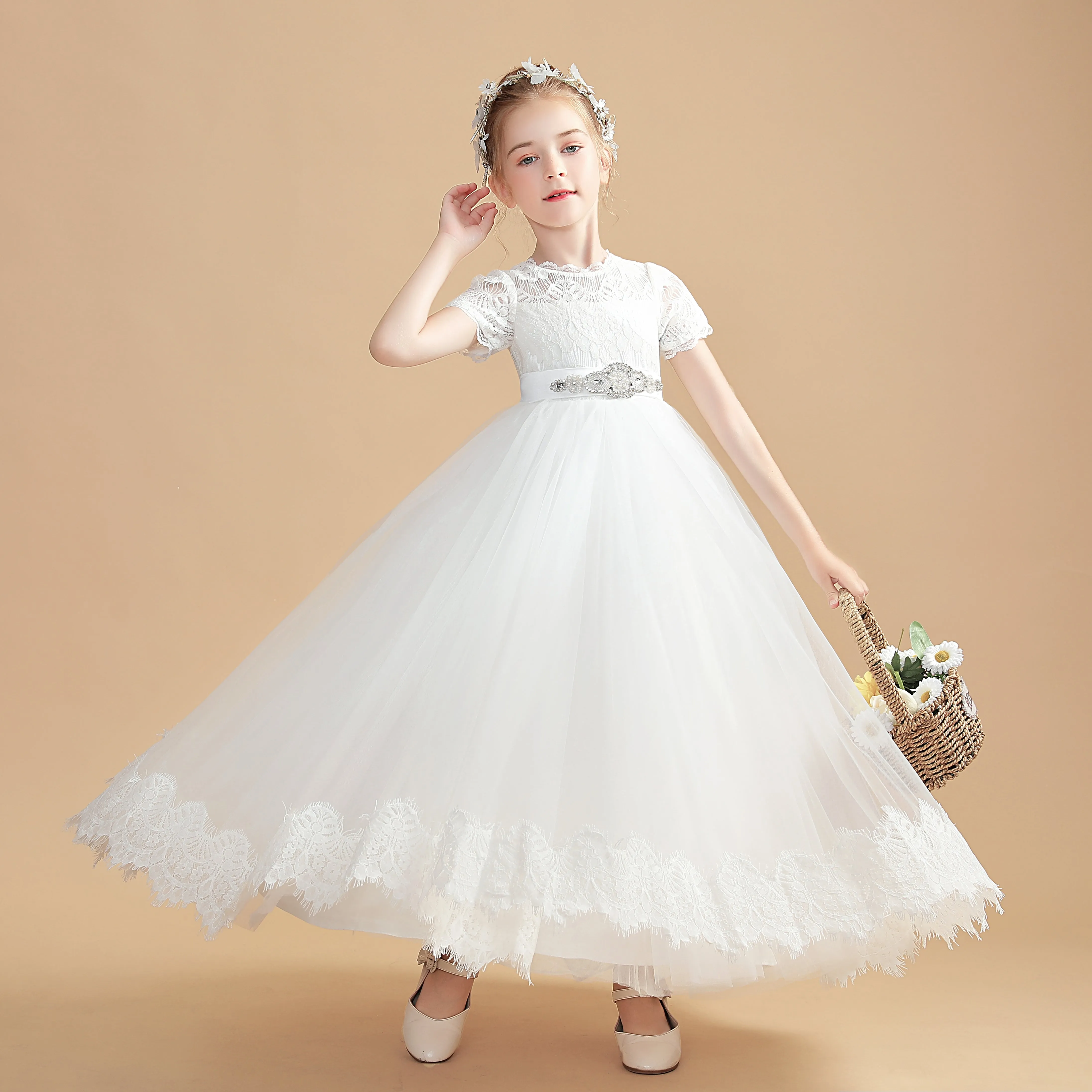 Beading Tulle Short Sleeves Ivory Flower Girl Dress