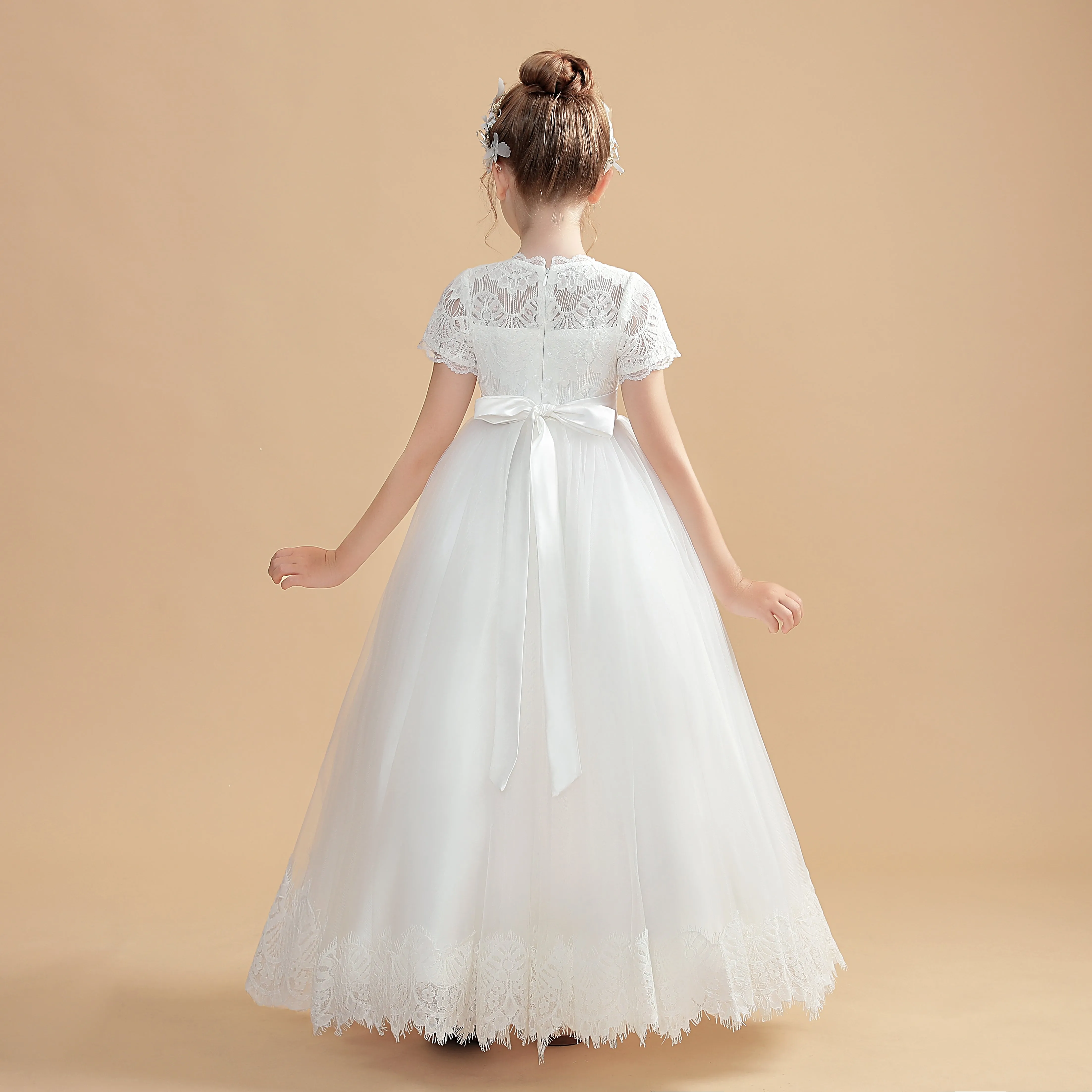 Beading Tulle Short Sleeves Ivory Flower Girl Dress