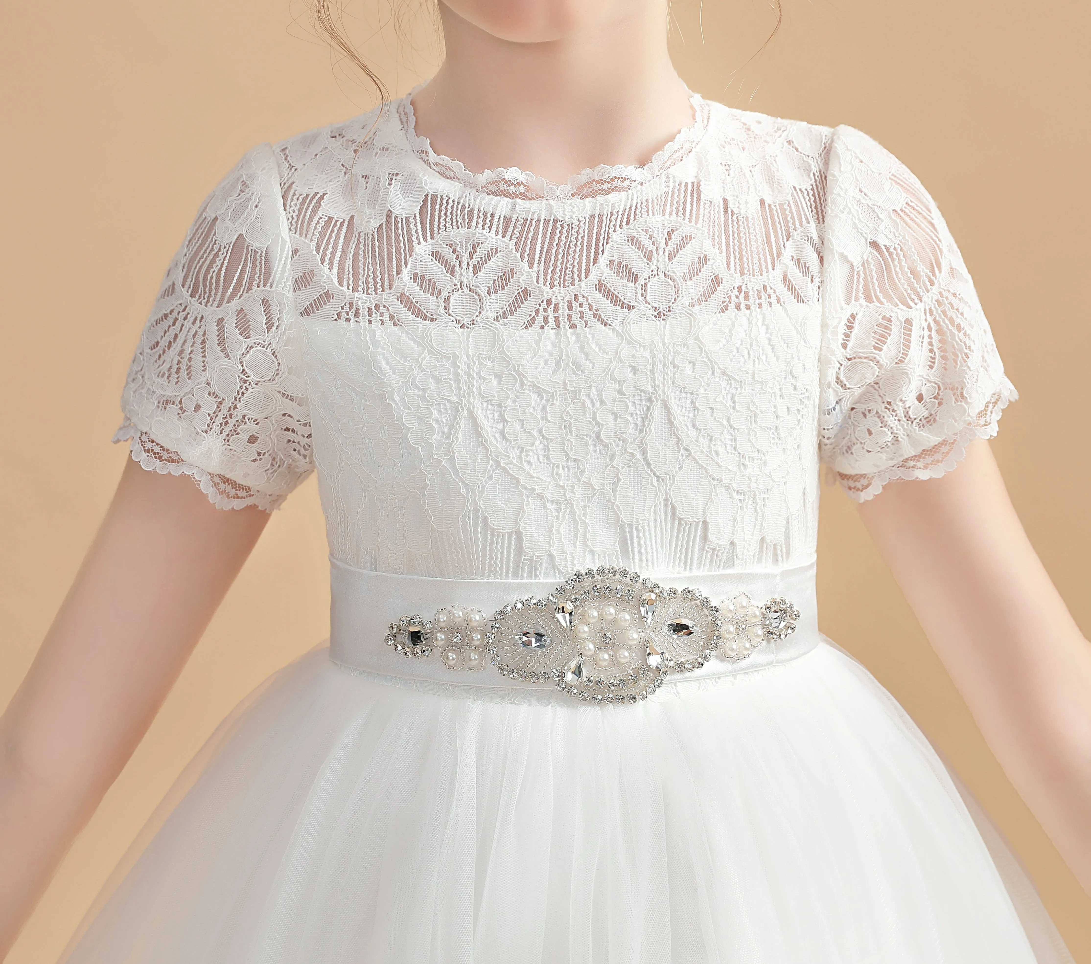 Beading Tulle Short Sleeves Ivory Flower Girl Dress