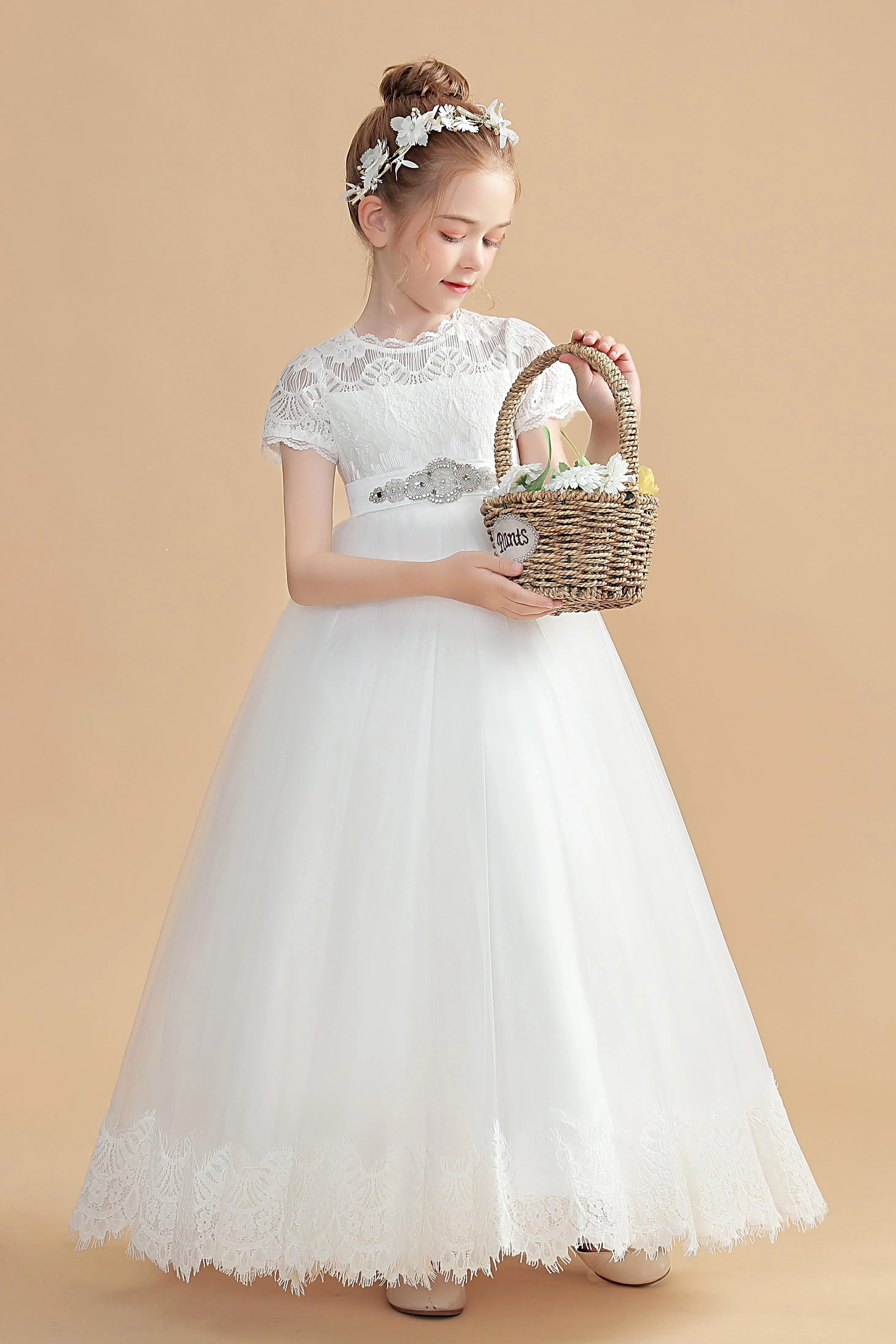 Beading Tulle Short Sleeves Ivory Flower Girl Dress