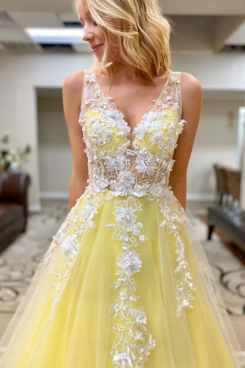 Beauty Yellow Long A-line Prom Dresses For Teens Elegant Princess Dress