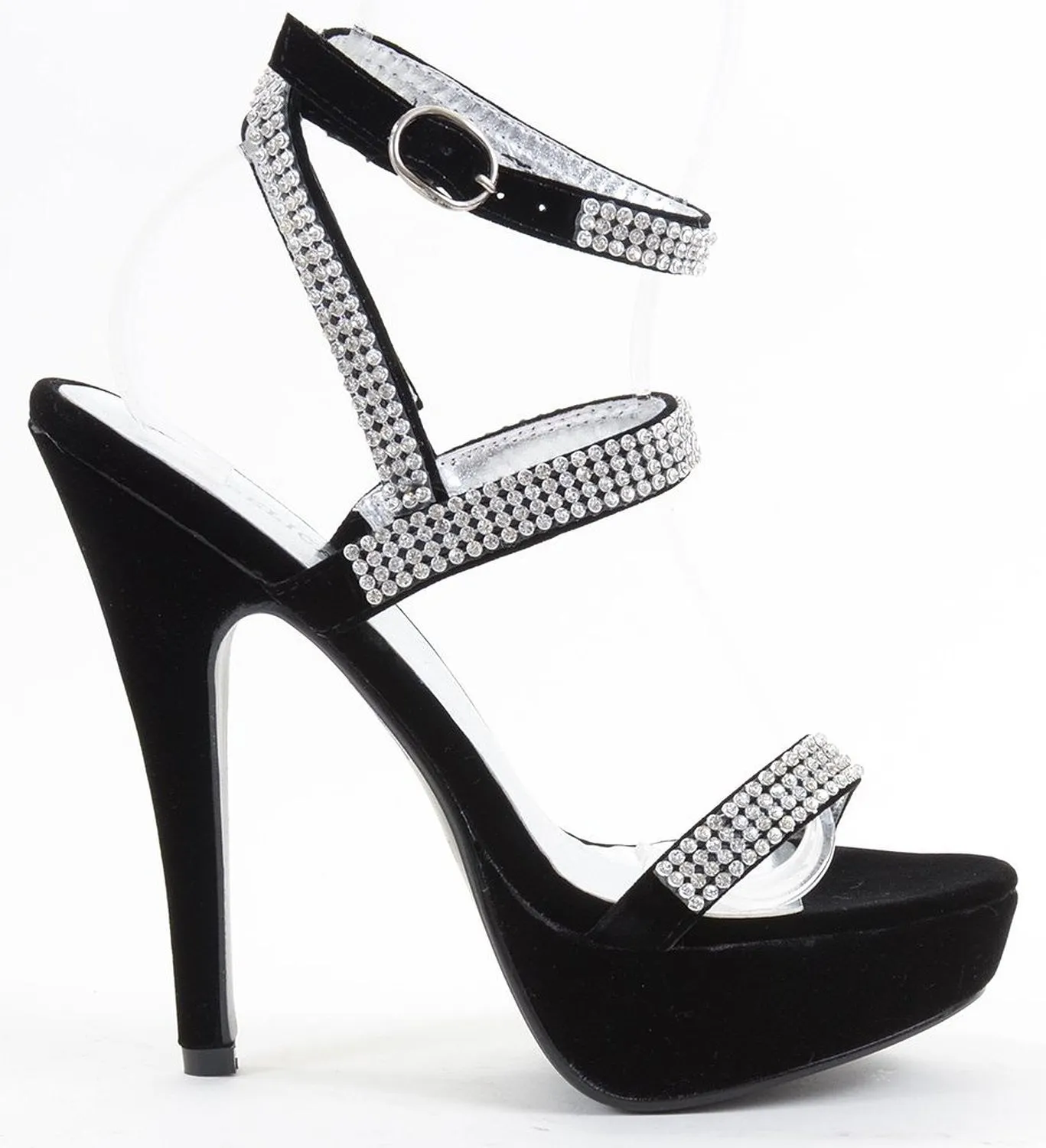 Black Velvet Rhinestone Formal Platform Heels Sandal