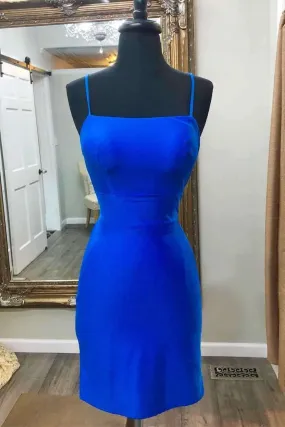 Blue Sexy Spaghetti Straps Satin Short Prom Dresses, Homecoming Dresses