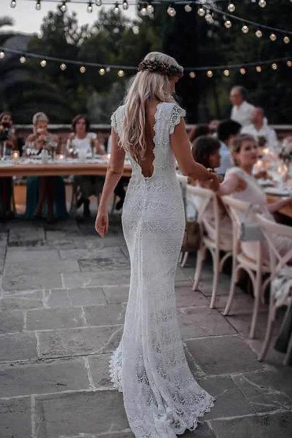 Boho Lace Wedding Dresses Mermaid Backless Bridal Gown With Sleeve OW522