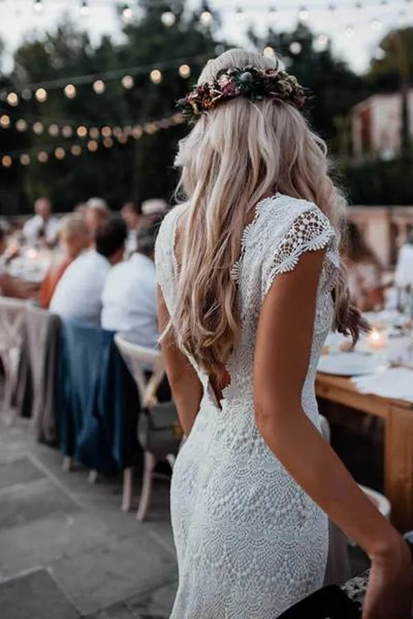 Boho Lace Wedding Dresses Mermaid Backless Bridal Gown With Sleeve OW522