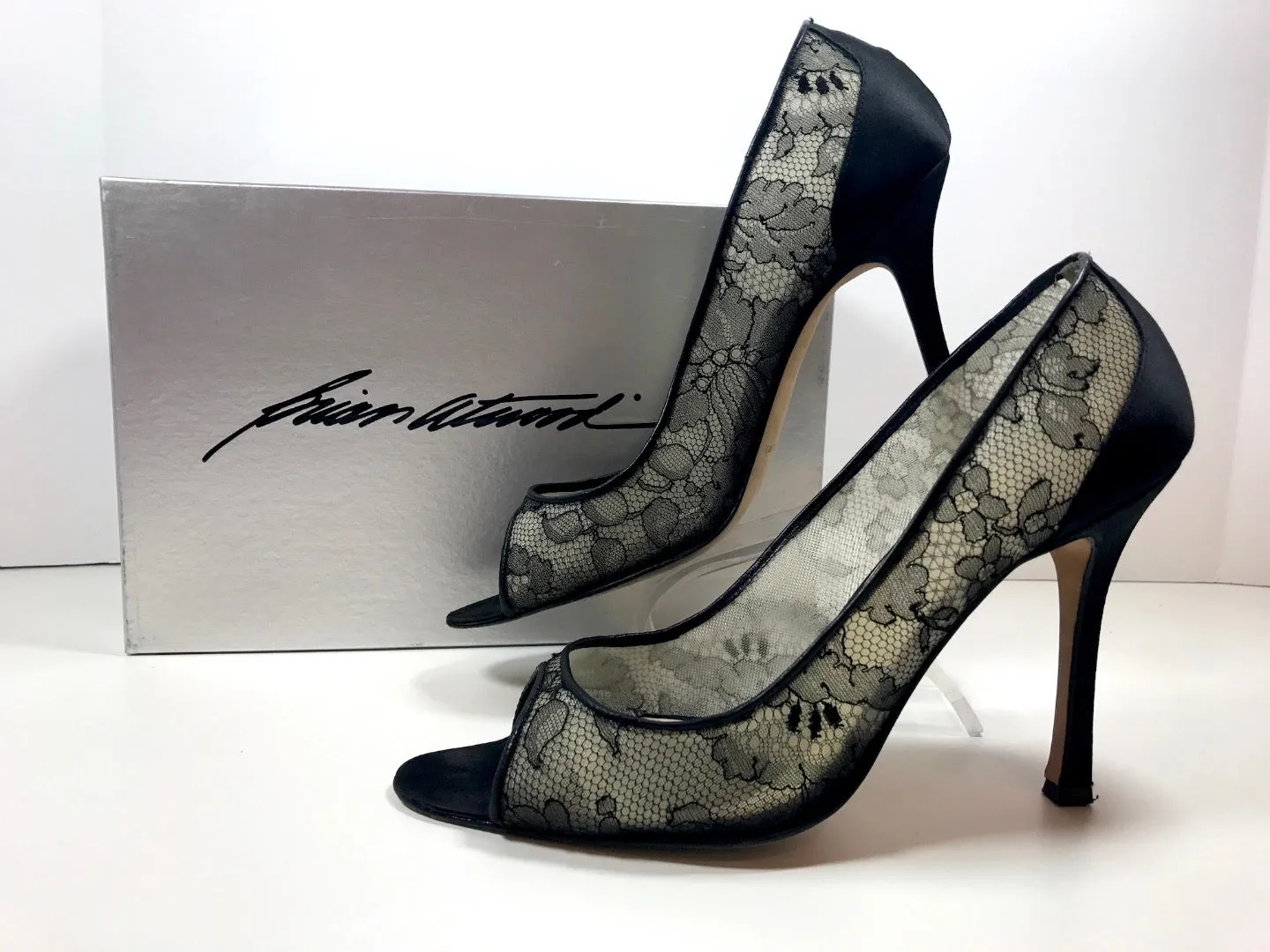 BRIAN ATWOOD Black Satin Lace Peep Toe Pump Heels with Box Size 40