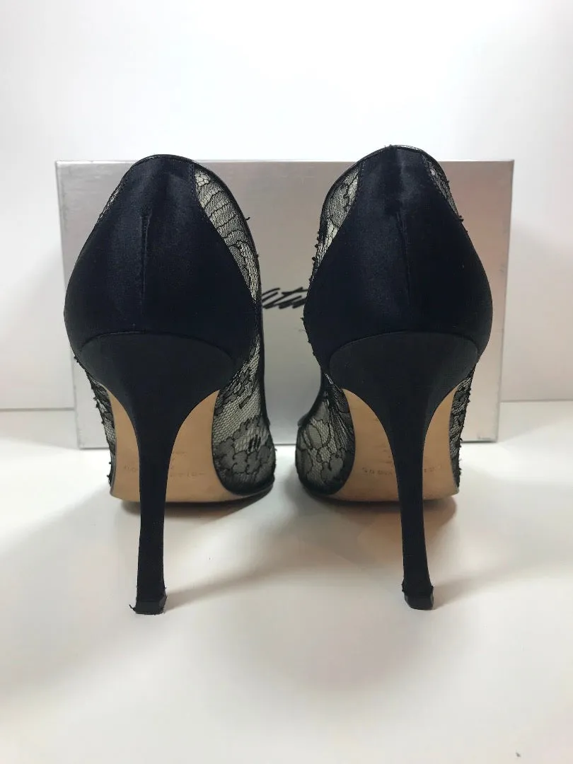 BRIAN ATWOOD Black Satin Lace Peep Toe Pump Heels with Box Size 40