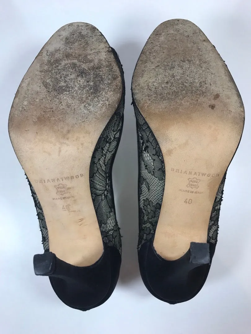 BRIAN ATWOOD Black Satin Lace Peep Toe Pump Heels with Box Size 40