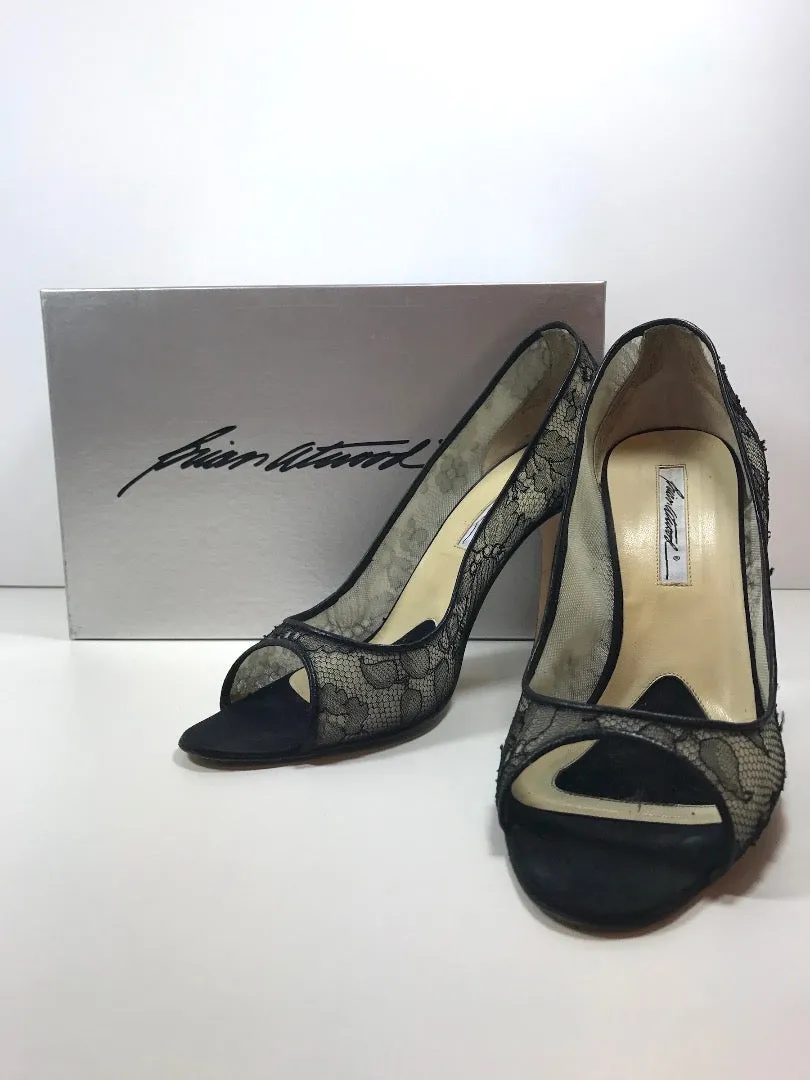 BRIAN ATWOOD Black Satin Lace Peep Toe Pump Heels with Box Size 40