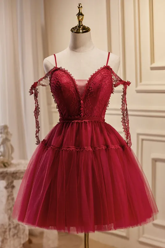 Burgundy A-line Lace Tulle Homecoming Dress LJ0569