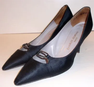 CHARLES JOURDAN 1950s "Daphne" Black Satin Pumps with Black Rhinestones