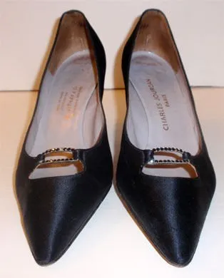 CHARLES JOURDAN 1950s "Daphne" Black Satin Pumps with Black Rhinestones